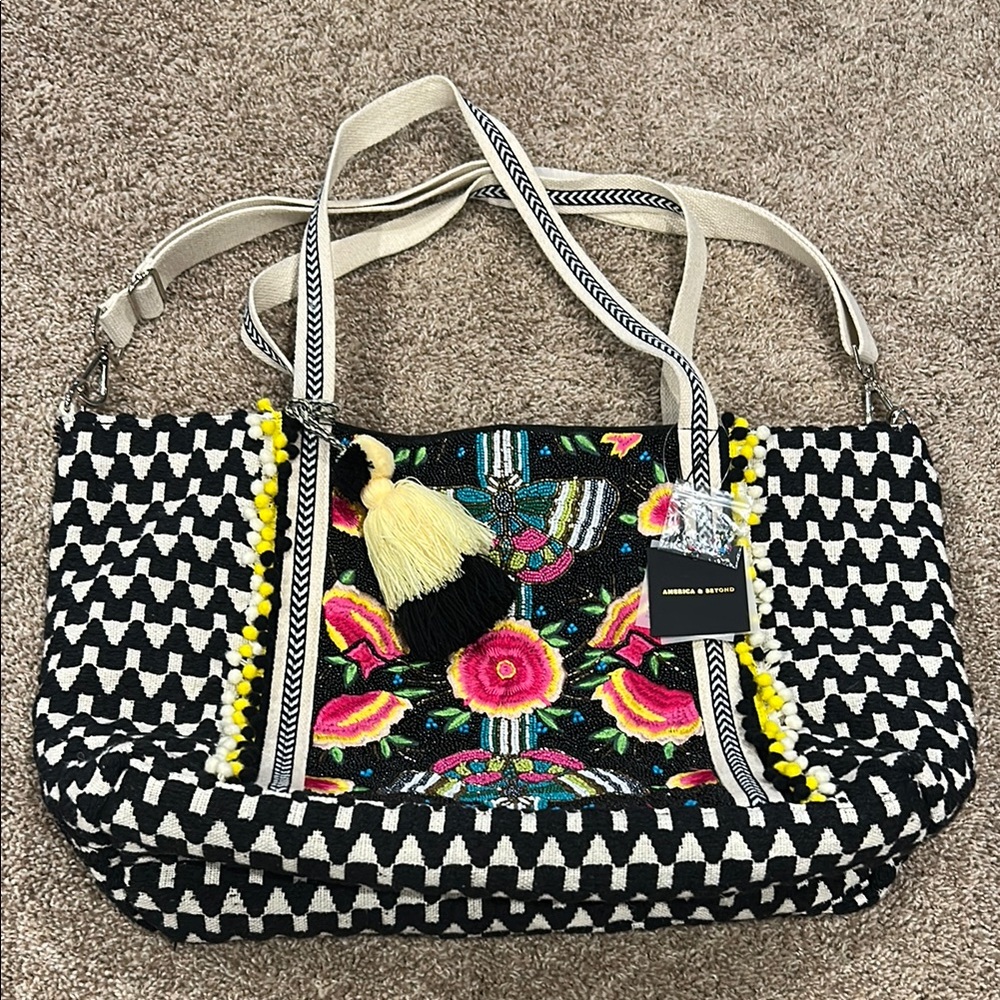 NWT America & Beyond Embellished Black and White Tote Bag. Beautiful beadwork!